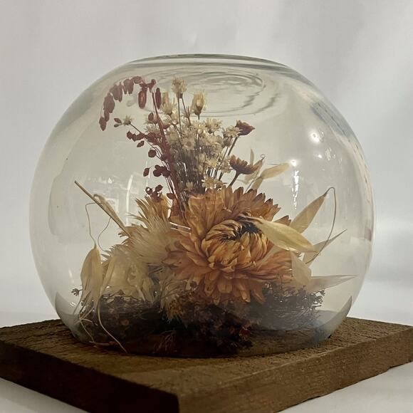 Vintage 60s Dried Flower Glass Terrarium Bird Floral Strawflower Daisy Bouquet - Picture 7 of 10
